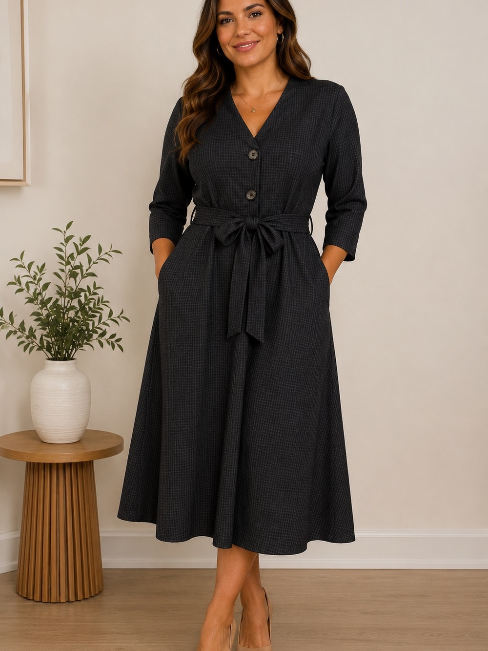 Mango Black and gray  V-Neck Tie-Waist Midi Dress medium